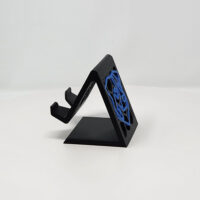 3D printed phone stand with company logo.