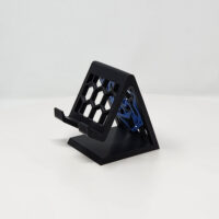 3D printed phone stand with company logo.