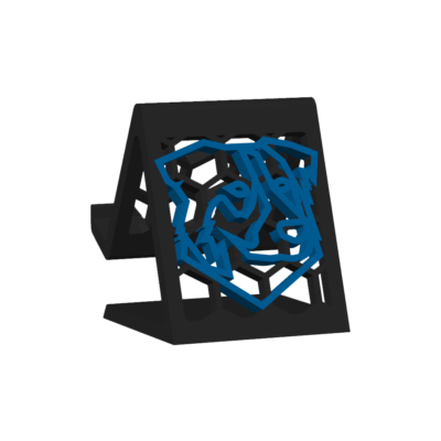 3D rendering of a phone stand with company logo.