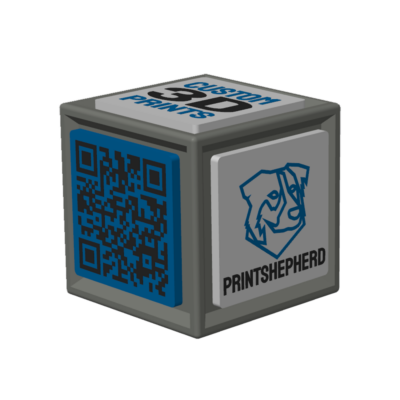 3D rendering of a cube featuring a QR code and the other featuring logos and slogans.